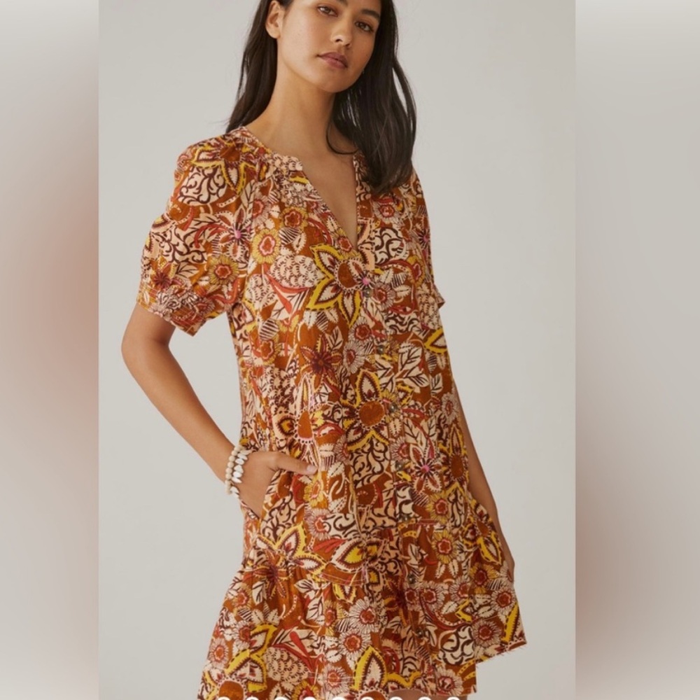 Pilcro Brown and Orange Puff Sleeve Sundress xxs